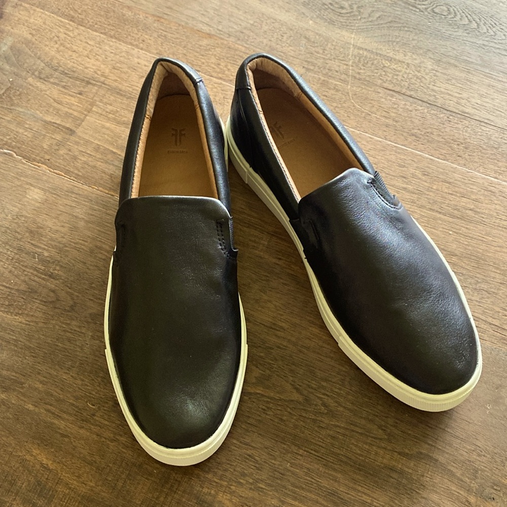 Frye Black Leather Slip On’s